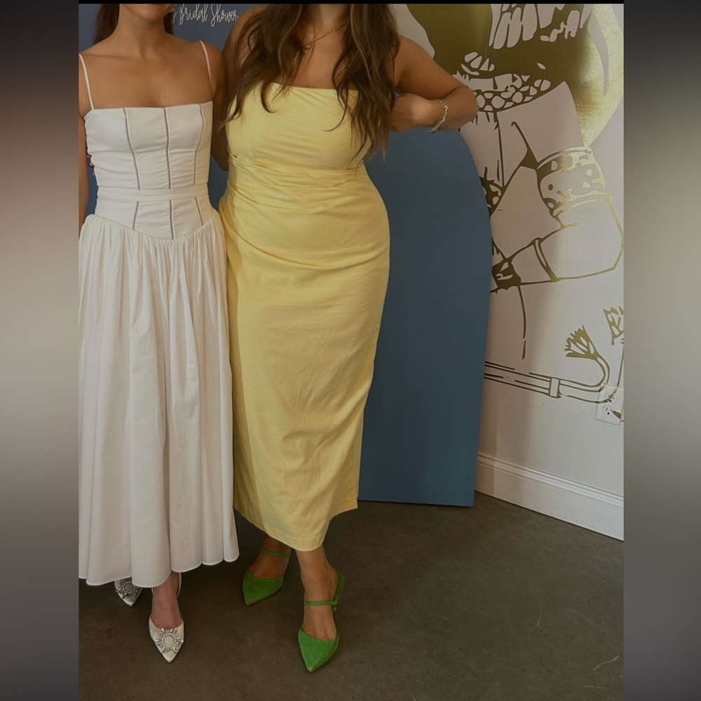 Strapless Yellow Linen Midi Dress